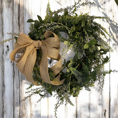 18" Grapevine Wreath- Faux Greenery- Sage & Lavender With Removable Burlap Bow, Farmhouse/Coastal