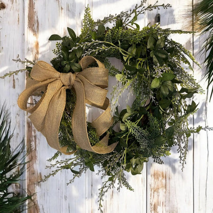 18" Grapevine Wreath- Faux Greenery- Sage & Lavender With Removable Burlap Bow, Farmhouse/Coastal