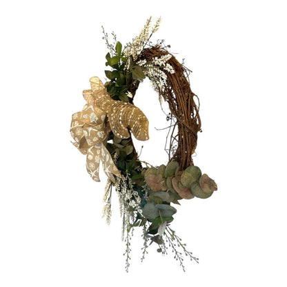 18" Grapevine Wreath with Greens & White Flowers- Removable Coastal Bow- Coastal or Farmhouse Decor- Every Day Year-Round Charm!