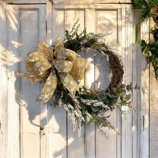 18" Grapevine Wreath with Greens & White Flowers- Removable Coastal Bow- Coastal or Farmhouse Decor- Every Day Year-Round Charm!