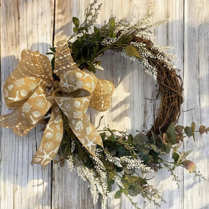18" Grapevine Wreath with Greens & White Flowers- Removable Coastal Bow- Coastal or Farmhouse Decor- Every Day Year-Round Charm!