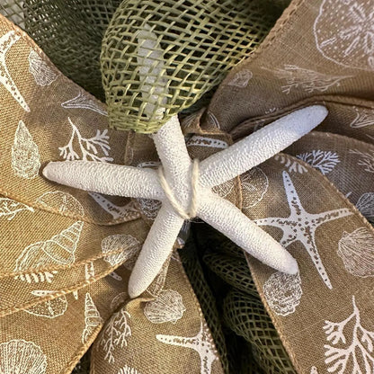 18" Green Mesh Burlap Wreath with Starfish & Removable Coastal Wired Ribbon Bow – Coastal Door- Beach House