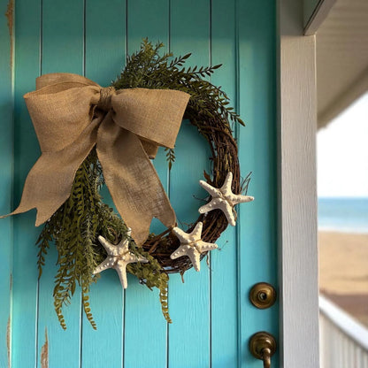 18" Coastal Starfish Greenery Grapevine Wreath- Great for All Year Round - Coastal Decor- Removable Bow