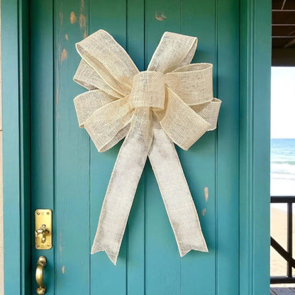 Large Off-White Burlap Bow- 12"x16"- 9 Loop, Farmhouse / Coastal/ Wedding Natural Burlap Bow