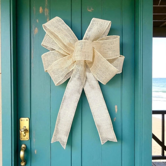 Large Off-White Burlap Bow- 12"x16"- 9 Loop, Farmhouse / Coastal/ Wedding Natural Burlap Bow