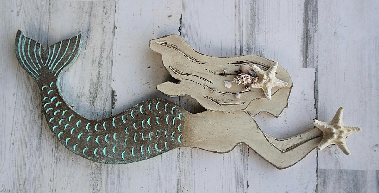 Handcrafted Wooden Mermaid Wall Décor | 30"x10" Etched & Painted Coastal Art with Real Seashells & Starfish | Indoor/Outdoor Beach Accent