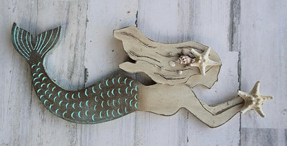 Handcrafted Wooden Mermaid Wall Décor | 30"x10" Etched & Painted Coastal Art with Real Seashells & Starfish | Indoor/Outdoor Beach Accent