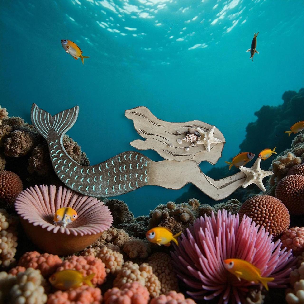 Handcrafted Wooden Mermaid Wall Décor | 30"x10" Etched & Painted Coastal Art with Real Seashells & Starfish | Indoor/Outdoor Beach Accent