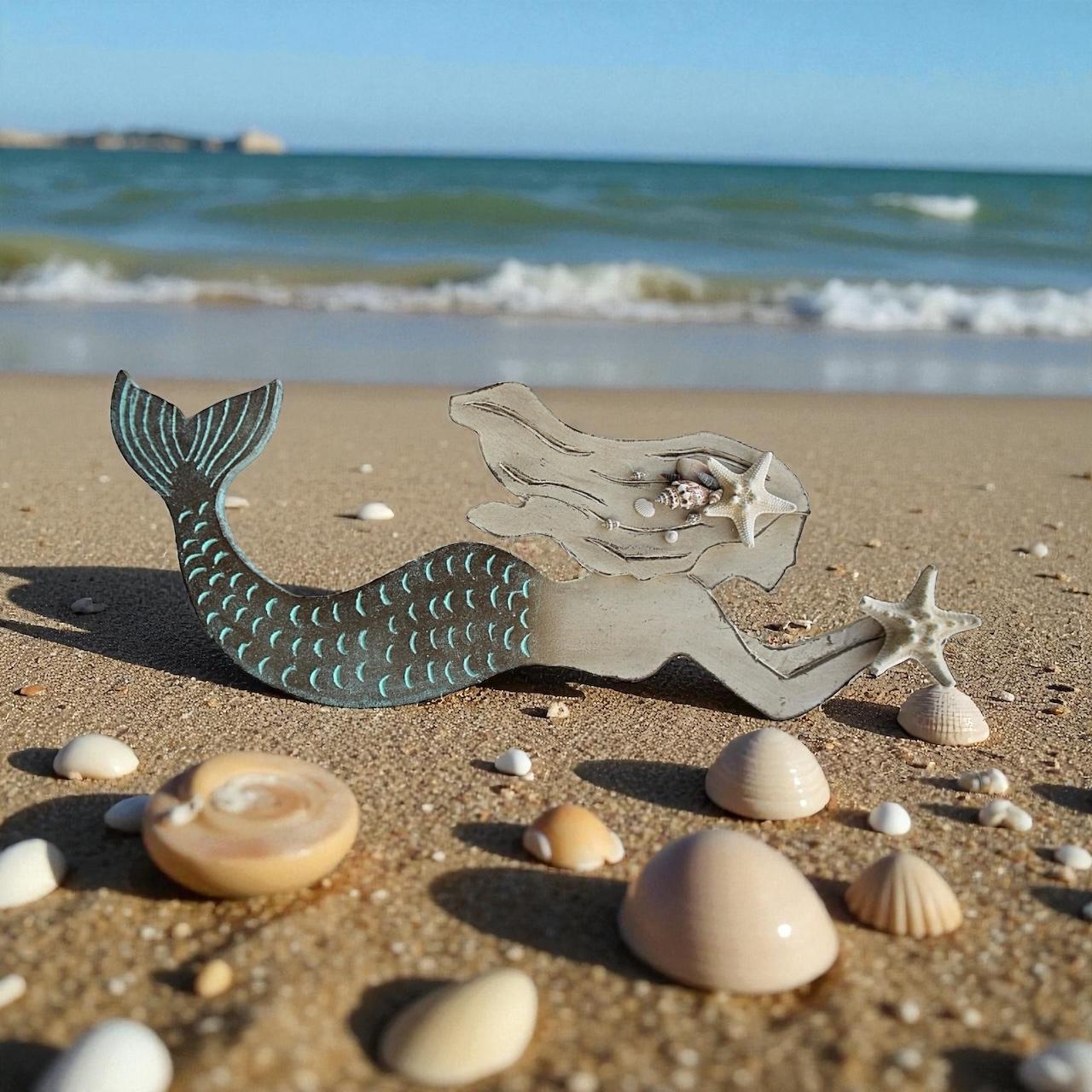 Handcrafted Wooden Mermaid Wall Décor | 30"x10" Etched & Painted Coastal Art with Real Seashells & Starfish | Indoor/Outdoor Beach Accent