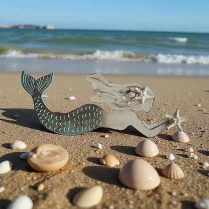 Handcrafted Wooden Mermaid Wall Décor | 30"x10" Etched & Painted Coastal Art with Real Seashells & Starfish | Indoor/Outdoor Beach Accent