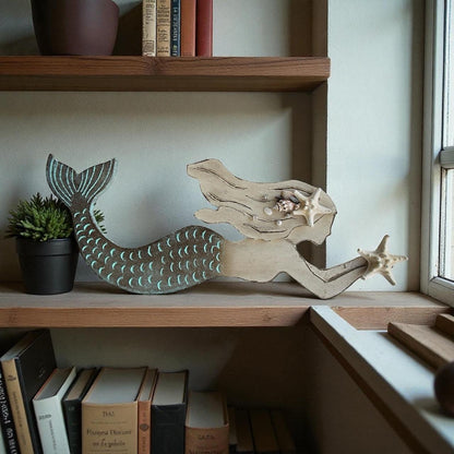 Handcrafted Wooden Mermaid Wall Décor | 30"x10" Etched & Painted Coastal Art with Real Seashells & Starfish | Indoor/Outdoor Beach Accent