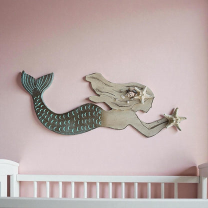 Handcrafted Wooden Mermaid Wall Décor | 30"x10" Etched & Painted Coastal Art with Real Seashells & Starfish | Indoor/Outdoor Beach Accent