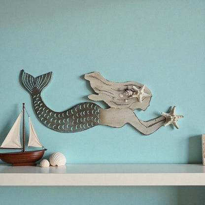 Handcrafted Wooden Mermaid Wall Décor | 30"x10" Etched & Painted Coastal Art with Real Seashells & Starfish | Indoor/Outdoor Beach Accent
