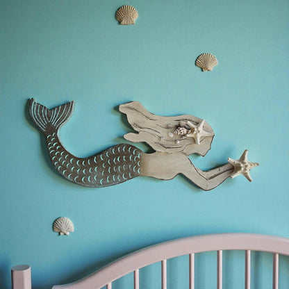 Handcrafted Wooden Mermaid Wall Décor | 30"x10" Etched & Painted Coastal Art with Real Seashells & Starfish | Indoor/Outdoor Beach Accent