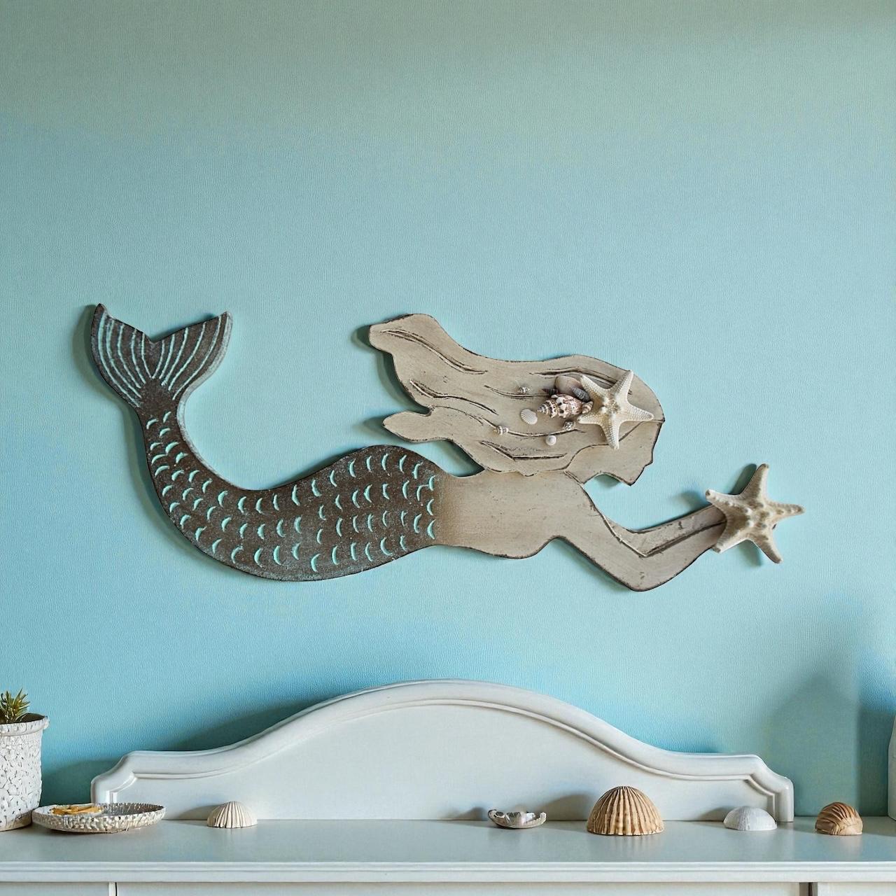 Handcrafted Wooden Mermaid Wall Décor | 30"x10" Etched & Painted Coastal Art with Real Seashells & Starfish | Indoor/Outdoor Beach Accent