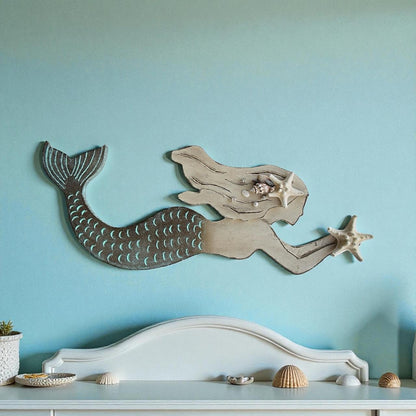 Handcrafted Wooden Mermaid Wall Décor | 30"x10" Etched & Painted Coastal Art with Real Seashells & Starfish | Indoor/Outdoor Beach Accent