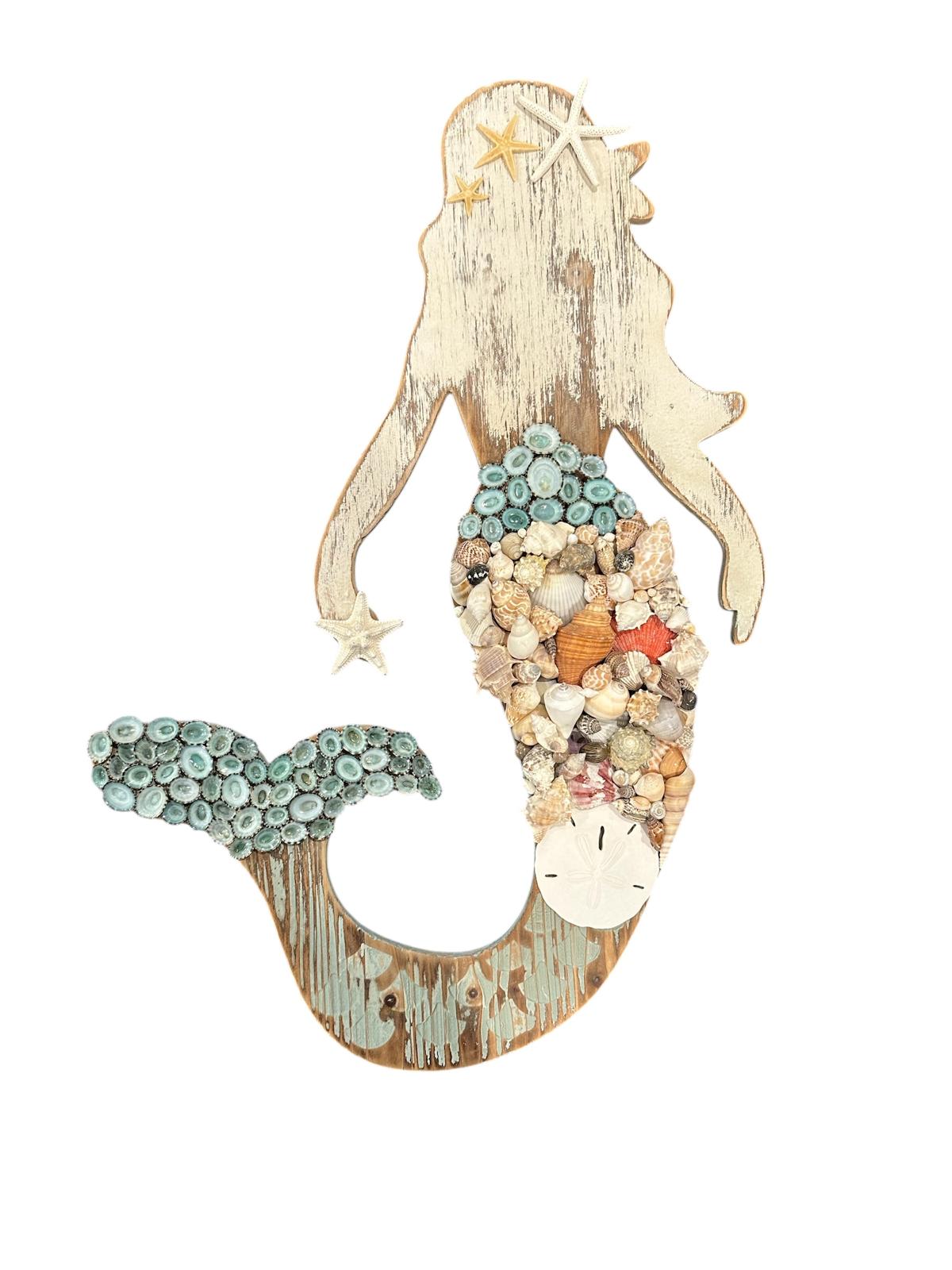 Handcrafted Wooden Mermaid Wall Décor – Painted & Whitewashed Coastal Art with Real Shells, Starfish & Sand Dollar | 2 Sizes Available