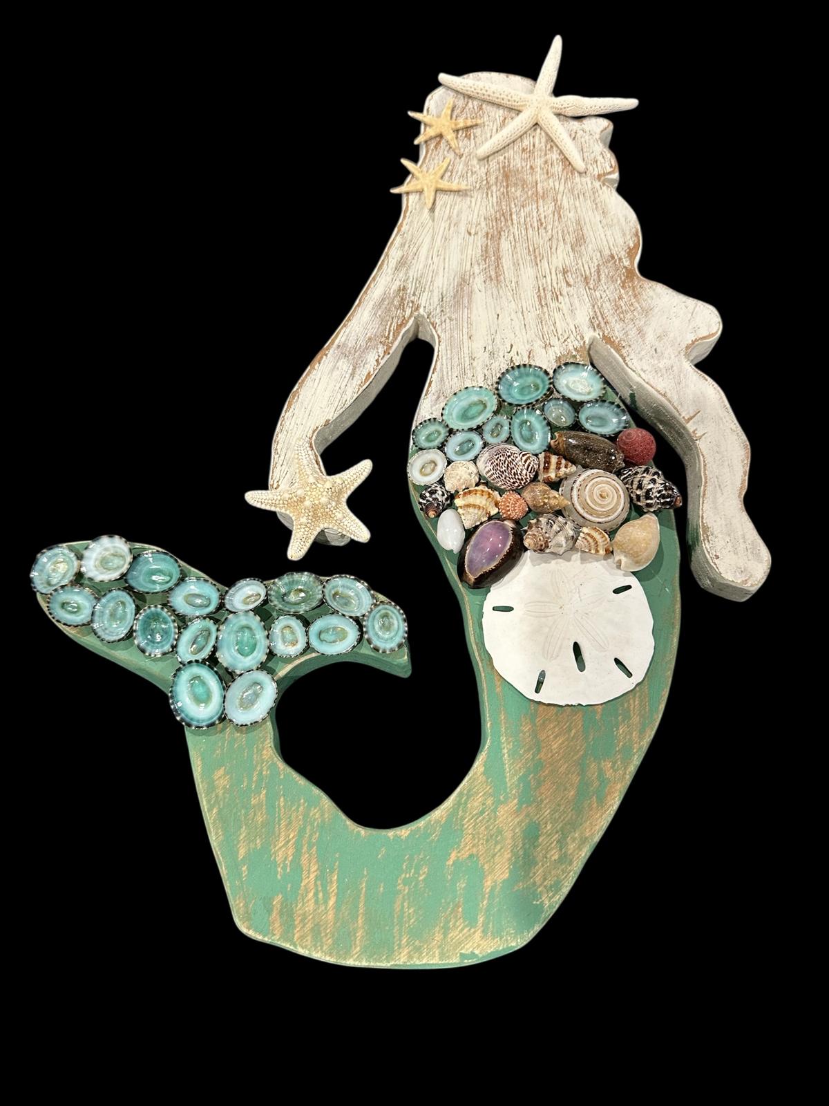 Handcrafted Wooden Mermaid Wall Décor – Painted & Whitewashed Coastal Art with Real Shells, Starfish & Sand Dollar | 2 Sizes Available