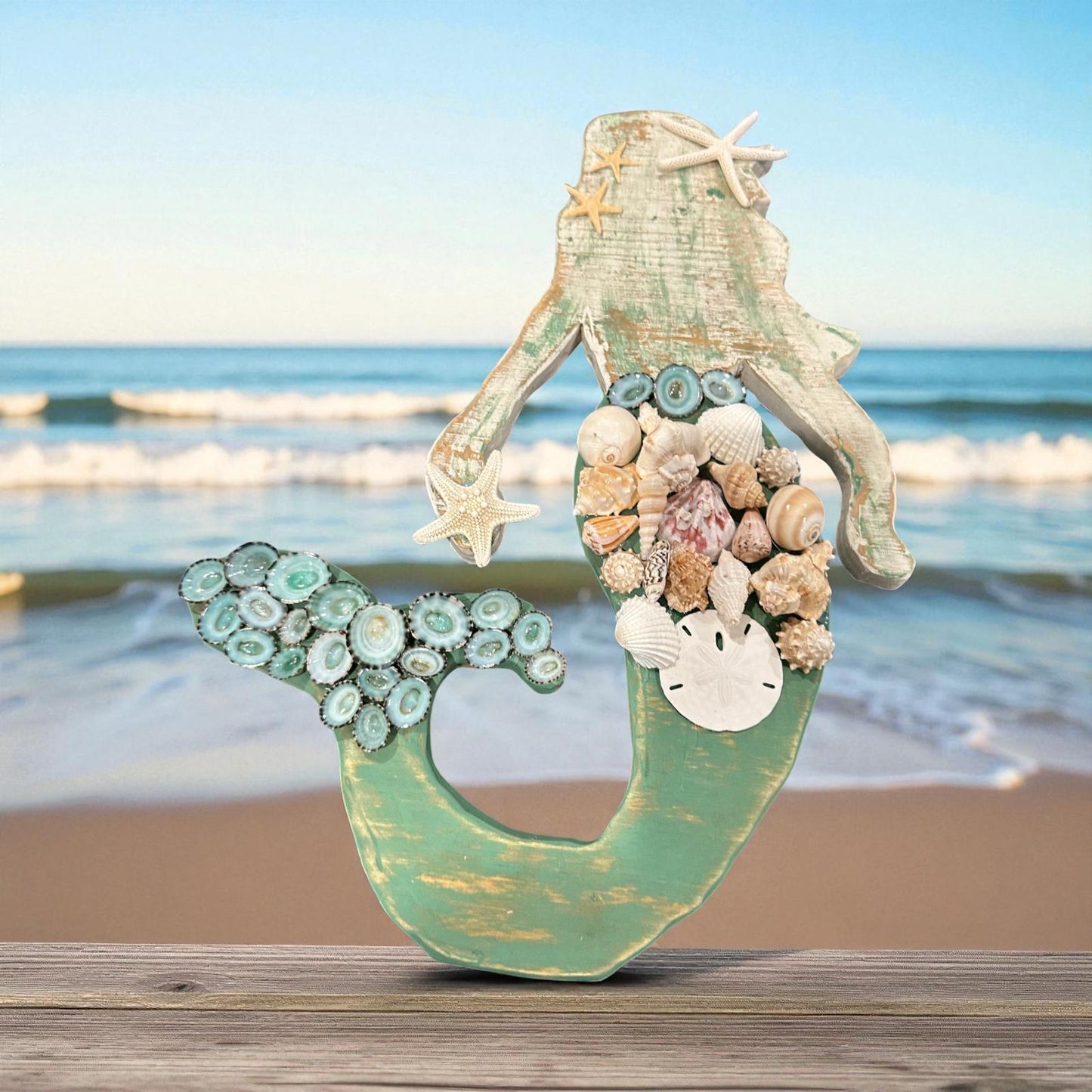 Handcrafted Wooden Mermaid Wall Décor – Painted & Whitewashed Coastal Art with Real Shells, Starfish & Sand Dollar | 2 Sizes Available