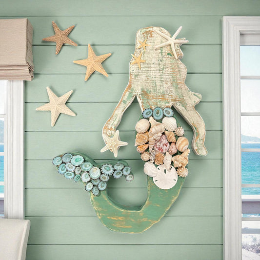 Handcrafted Wooden Mermaid Wall Décor – Painted & Whitewashed Coastal Art with Real Shells, Starfish & Sand Dollar | 2 Sizes Available