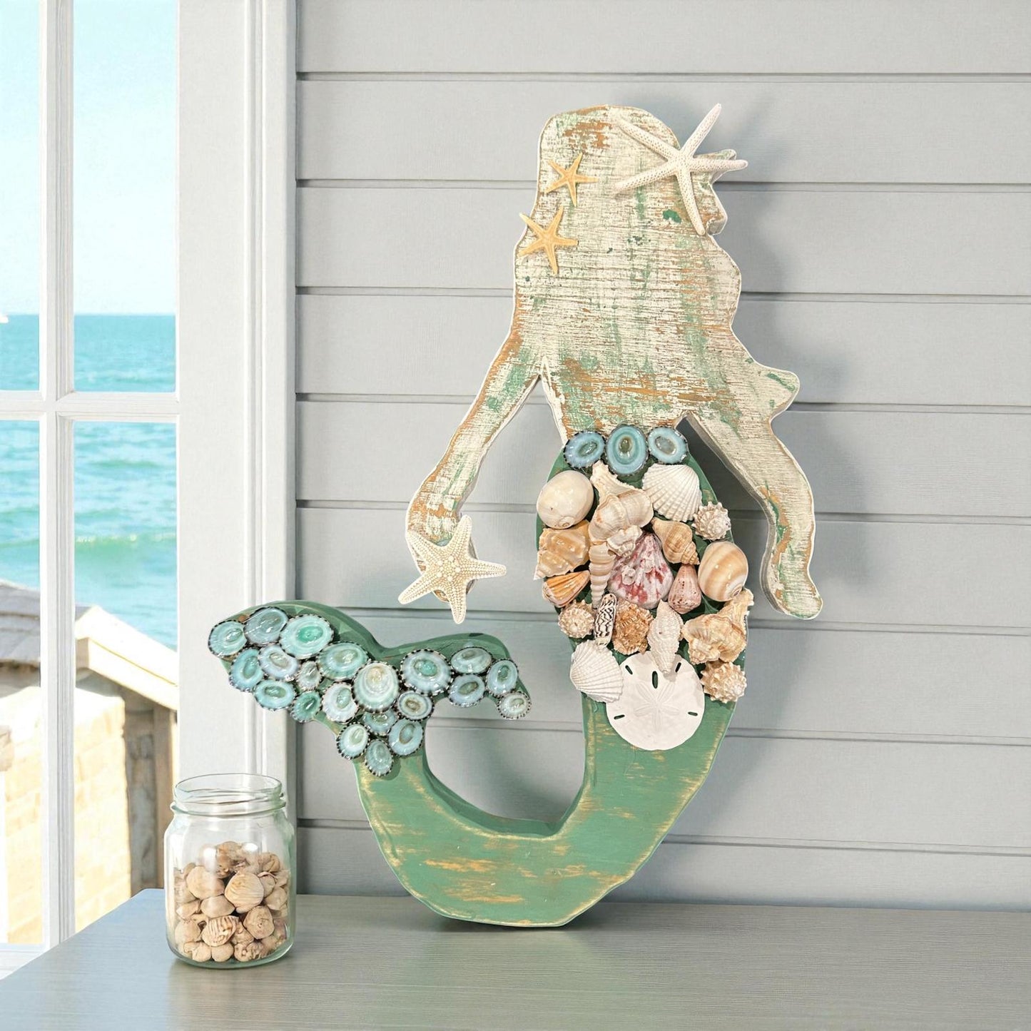 Handcrafted Wooden Mermaid Wall Décor – Painted & Whitewashed Coastal Art with Real Shells, Starfish & Sand Dollar | 2 Sizes Available