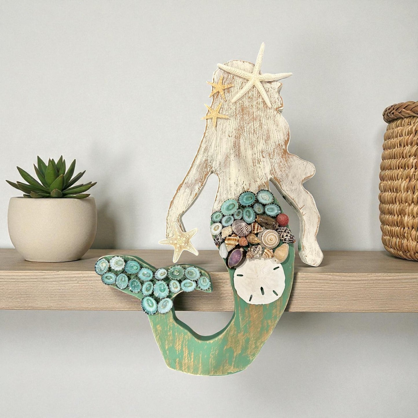 Handcrafted Wooden Mermaid Wall Décor – Painted & Whitewashed Coastal Art with Real Shells, Starfish & Sand Dollar | 2 Sizes Available