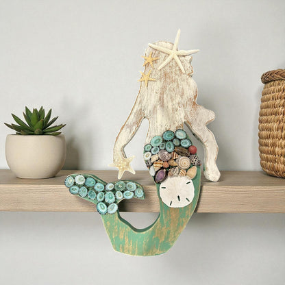 Handcrafted Wooden Mermaid Wall Décor – Painted & Whitewashed Coastal Art with Real Shells, Starfish & Sand Dollar | 2 Sizes Available