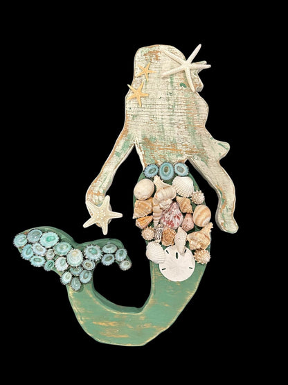 Handcrafted Wooden Mermaid Wall Décor – Painted & Whitewashed Coastal Art with Real Shells, Starfish & Sand Dollar | 2 Sizes Available