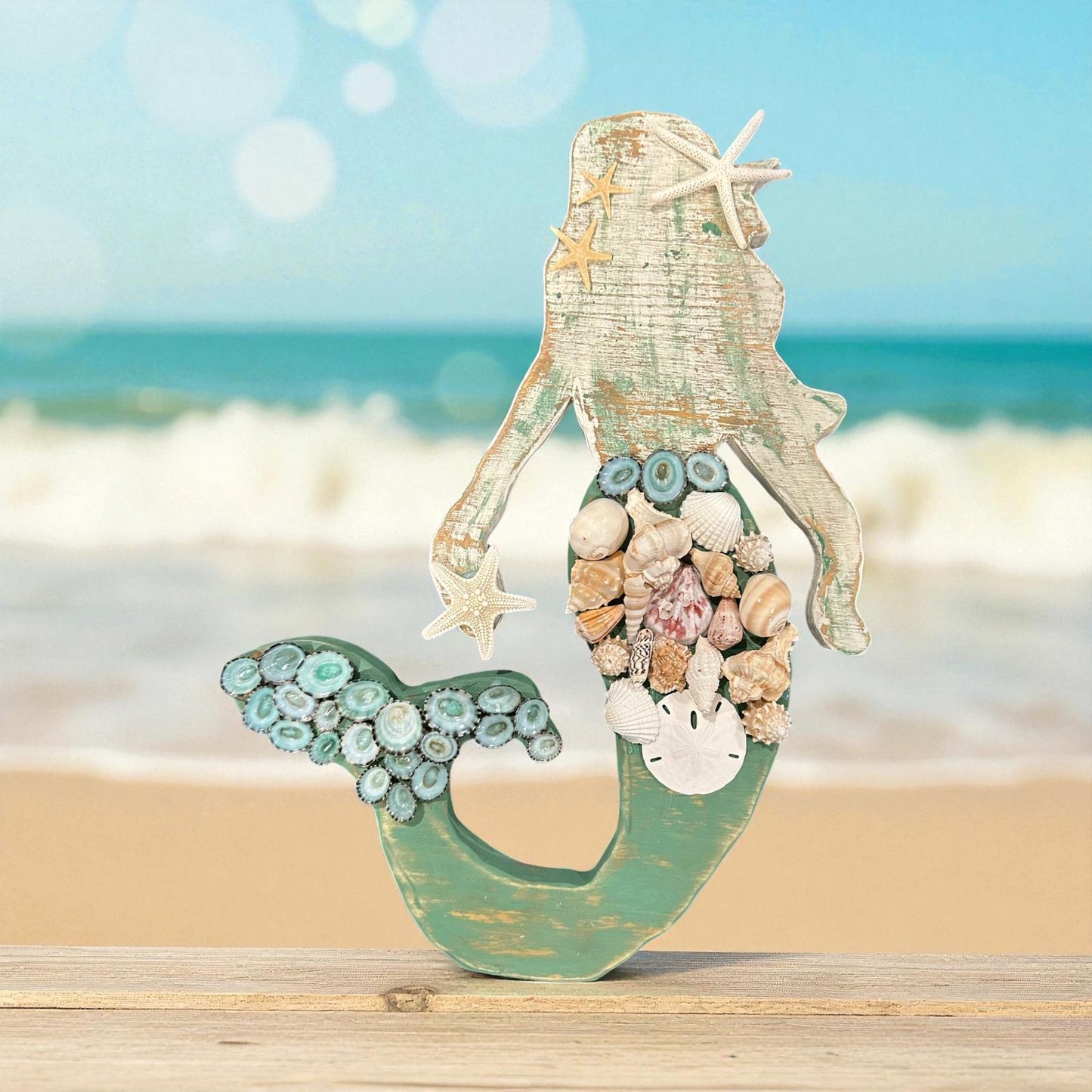 Handcrafted Wooden Mermaid Wall Décor – Painted & Whitewashed Coastal Art with Real Shells, Starfish & Sand Dollar | 2 Sizes Available