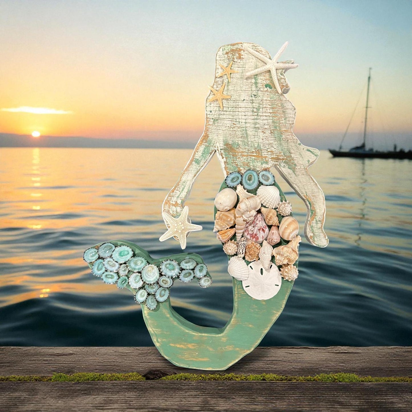 Handcrafted Wooden Mermaid Wall Décor – Painted & Whitewashed Coastal Art with Real Shells, Starfish & Sand Dollar | 2 Sizes Available