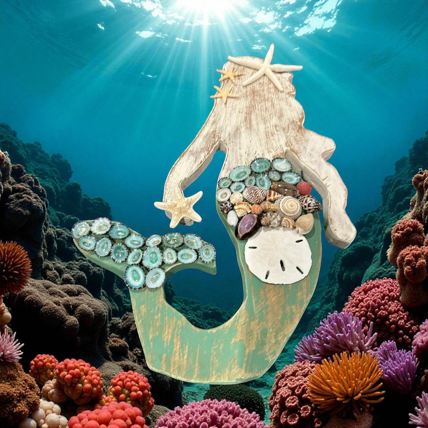 Handcrafted Wooden Mermaid Wall Décor – Painted & Whitewashed Coastal Art with Real Shells, Starfish & Sand Dollar | 2 Sizes Available