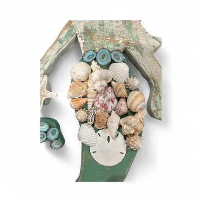 Handcrafted Wooden Mermaid Wall Décor – Painted & Whitewashed Coastal Art with Real Shells, Starfish & Sand Dollar | 2 Sizes Available