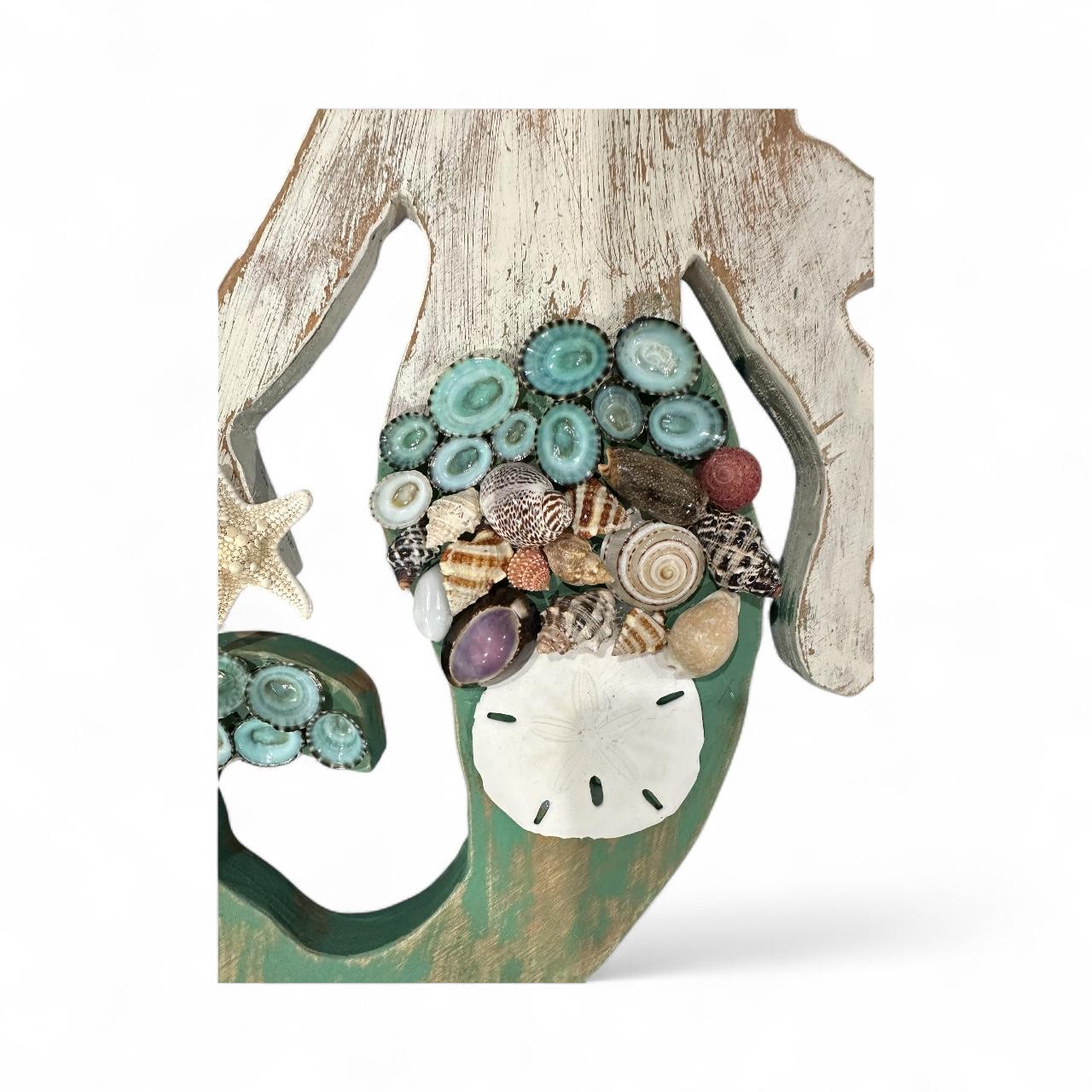Handcrafted Wooden Mermaid Wall Décor – Painted & Whitewashed Coastal Art with Real Shells, Starfish & Sand Dollar | 2 Sizes Available