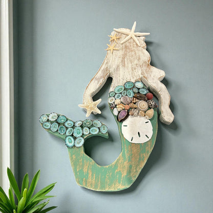 Handcrafted Wooden Mermaid Wall Décor – Painted & Whitewashed Coastal Art with Real Shells, Starfish & Sand Dollar | 2 Sizes Available