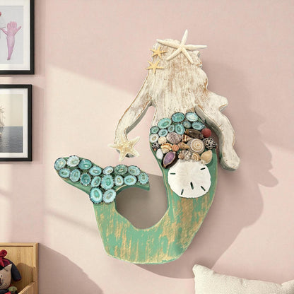 Handcrafted Wooden Mermaid Wall Décor – Painted & Whitewashed Coastal Art with Real Shells, Starfish & Sand Dollar | 2 Sizes Available