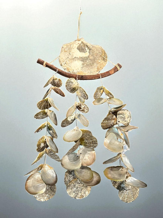 Handmade Seashell Mobile with Brachiopod Fossil | Natural Driftwood & Shell Hanging Décor | Coastal Boho Beach Cottage Wind Chime