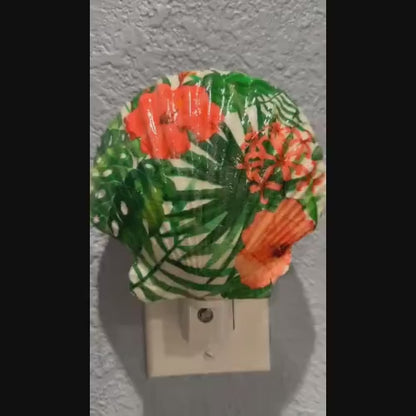 Nightlight Coastal Scallop Shell Decoupage Shell Art Light- Beach Theme Home Decor for Ocean Lovers - Unique Handmade Gift Item-Automatic on
