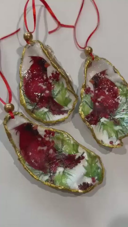 Cardinal Oyster Shell Ornament – Gold-Gilded Memorial Décor – Christmas Ornament Gift Boxed with Tag – Coastal Holiday Keepsake- GIFT