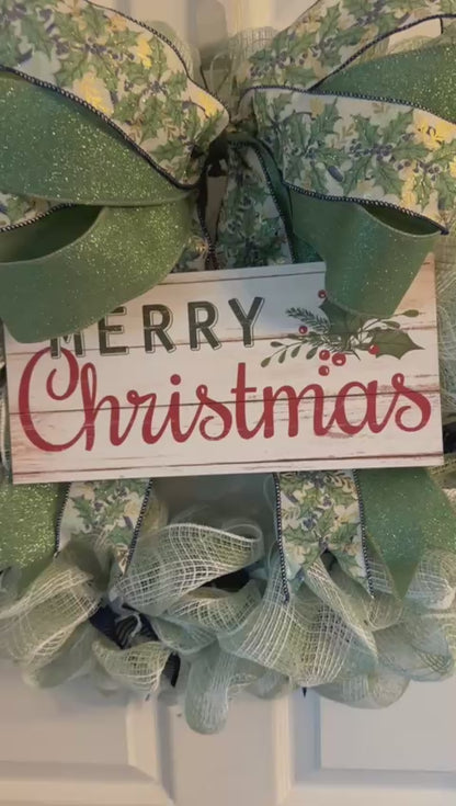 Handmade Mesh Burlap Christmas Wreath with Wooden “Merry Christmas” Sign | 18” Frame (Fluffs to 20”) | Farmhouse Holiday Door Décor