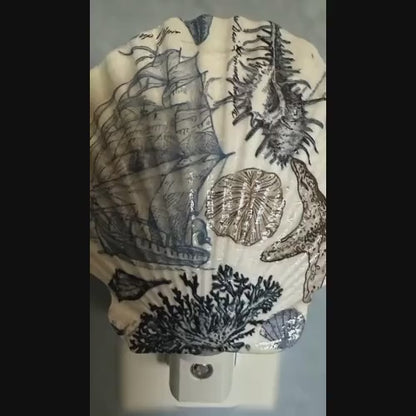 Sailboat Nightlight Scallop Shell Decoupage Shell Art Night Light- Beach Theme Home Dec- hall- bath