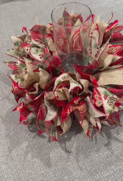 Handmade Christmas Ribbon Wreath Centerpiece with Glass Candle Holder – 8" Base