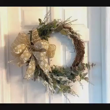 18" Grapevine Wreath with Greens & White Flowers- Removable Coastal Bow- Coastal or Farmhouse Decor- Every Day Year-Round Charm!