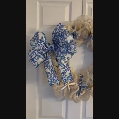 18" Cream Mesh Burlap Wreath with Coastal Wired Bow & Real Starfish – Coastal or Farmhouse Door Decor