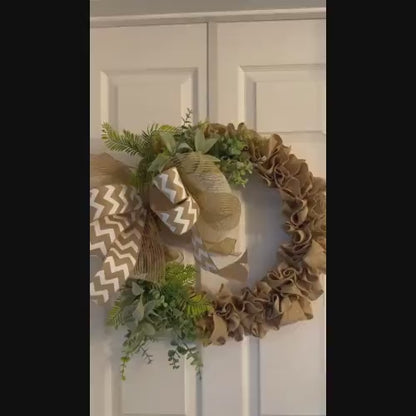 18" Ruffled Burlap Greenery Wreath With Wired Ribbon Chevron Bow- Farmhouse or Coastal Decor – Year-Round Wreath
