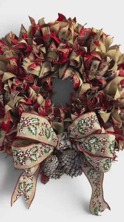 Handmade Christmas Wreath for Front Door – 20"  Holiday Ribbon Wreath with Bow & Frosted Pinecones, Red Green Gold Fireplace Mantel Decor