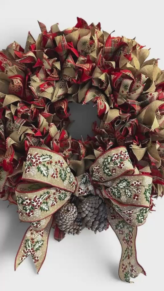 Handmade Christmas Wreath for Front Door – 20"  Holiday Ribbon Wreath with Bow & Frosted Pinecones, Red Green Gold Fireplace Mantel Decor