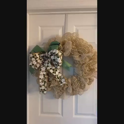 18" Tan Mesh Burlap Wreath with Magnolia & Green Wired Removable Bow – Coastal / Farmhouse Door Wreath - Beach House Decor