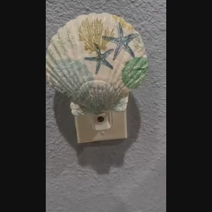 Nightlight Scallop Shell Coastal Decoupage Shell Art Light- Beach Theme Home Dec- Nursery- Hall- Bath