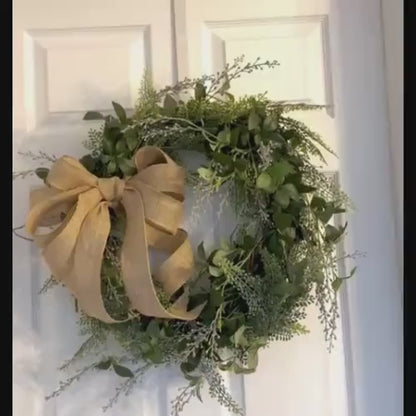 18" Grapevine Wreath- Faux Greenery- Sage & Lavender With Removable Burlap Bow, Farmhouse/Coastal
