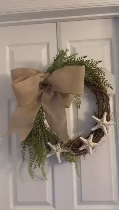 18" Coastal Starfish Greenery Grapevine Wreath- Great for All Year Round - Coastal Decor- Removable Bow